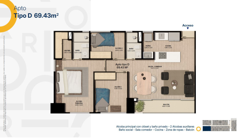 TIPO D, Area Total: 69.43 M2