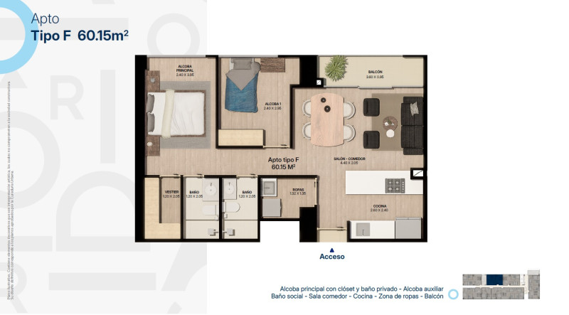 TIPO F, Area Total: 60.15 M2